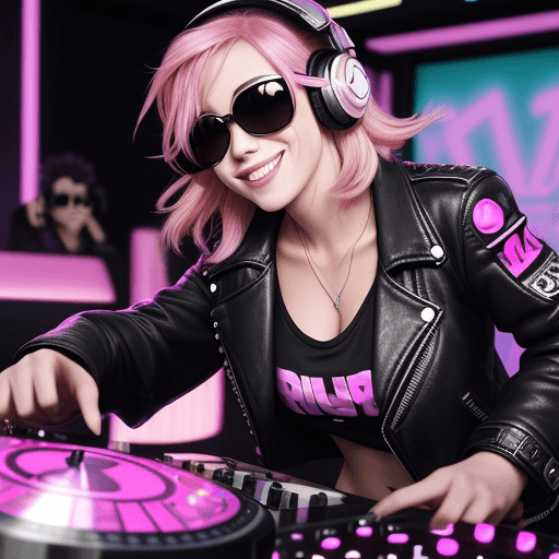 AI generated: beautiful (smiling:1) woman DJ with (pink hair:1.1) wearing (headphones:1.1) and sunglasses and a le...