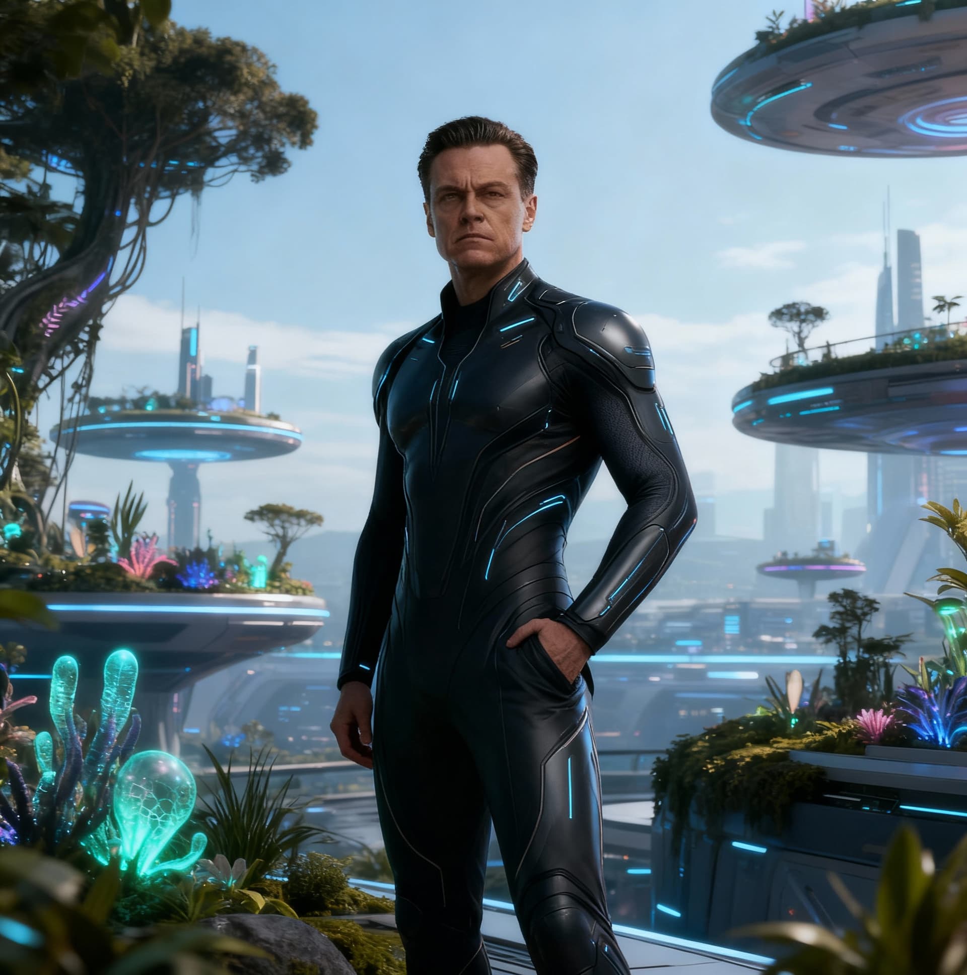 AI generated: Change background, create futuristic clothing, and pose to emphasize sleek comfort within a futurist...