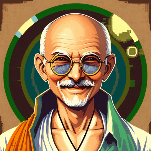 AI generated: Mahatma Gandi Pixelart cryptopunk style with round glasses and happy smile india folk style