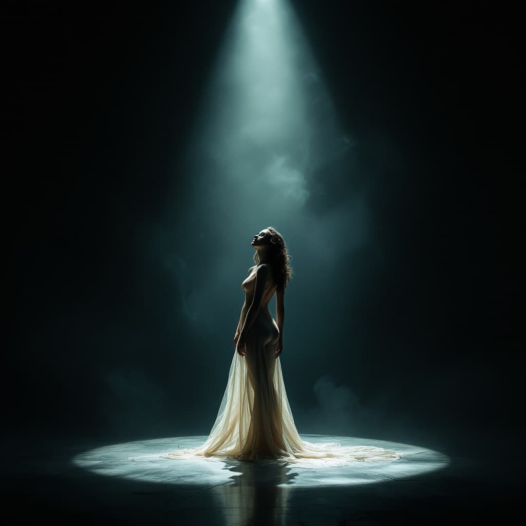 AI generated: A lone woman stands illuminated in a single dramatic spotlight in the center of a vast, smoky dark h...