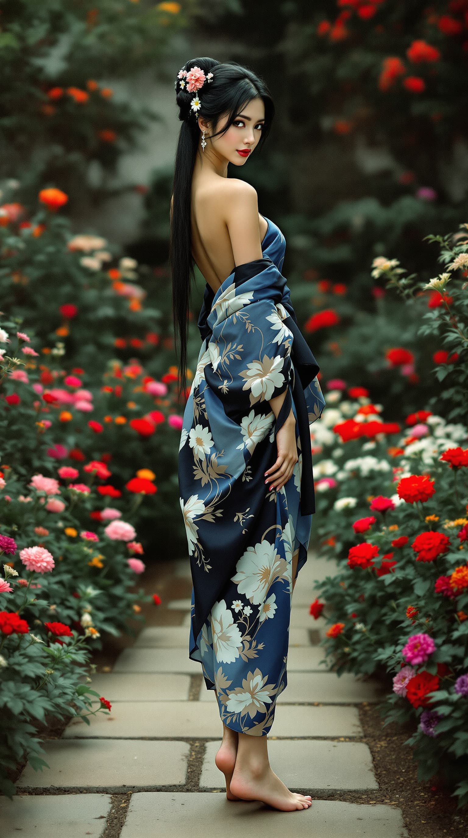 AI generated: Full-length view. A beautiful and stunning Asian woman in a very short blue and black kimono, partia...