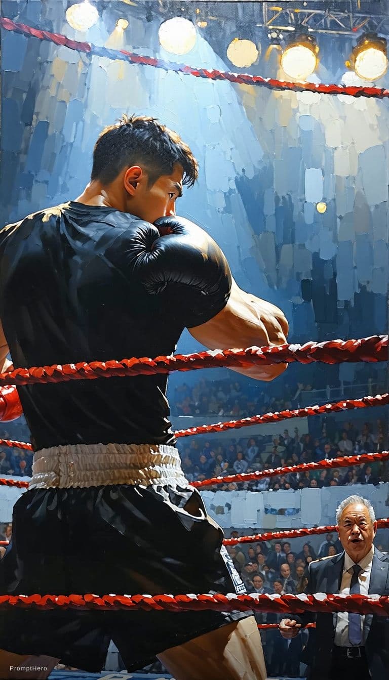 AI generated: centered, masterpiece, a painting of a man in a boxing ring, trending on Artstation, jazza and rossd...