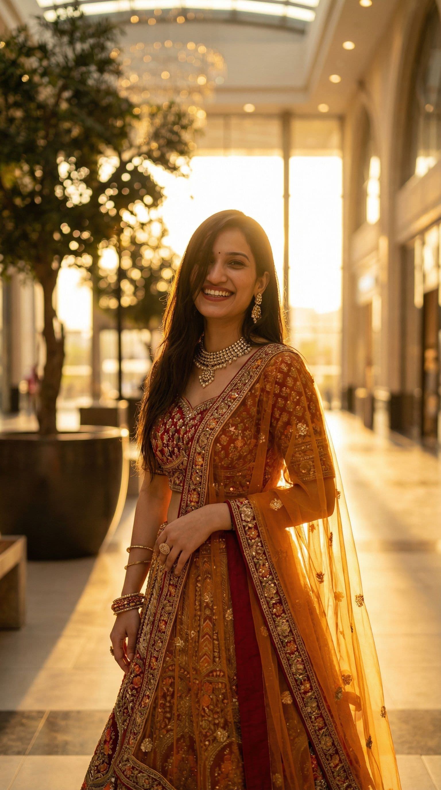 AI generated: 1 indian girl,(sharp focus), mall background, smily face, lehnga dress wear , full body showing, ear...