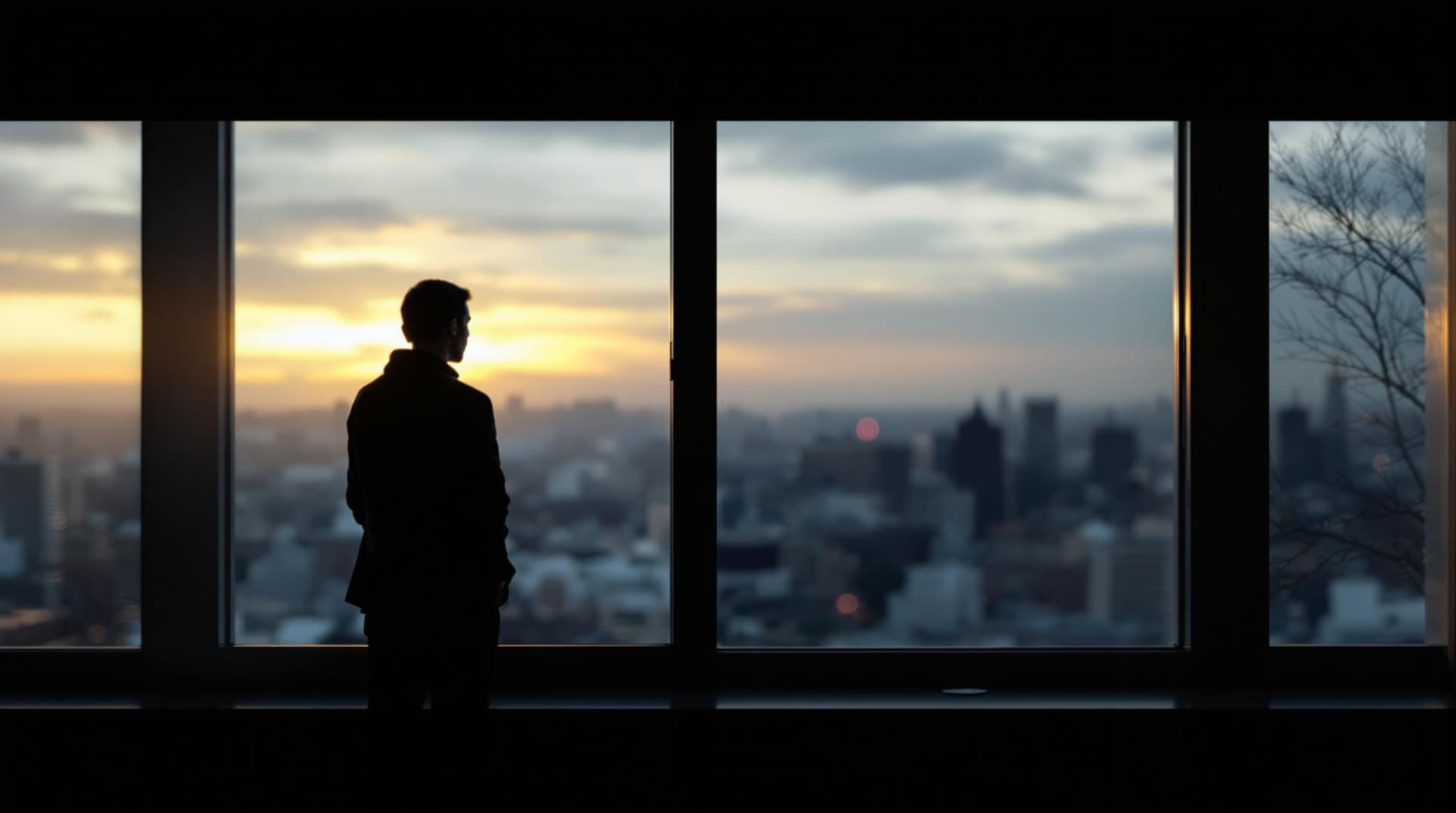 AI generated: A solitary figure standing at a window, gazing into the distance as the sun sets or rises. The scene...