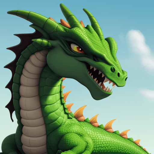 AI generated: Green funny cartoon dragon has his head up and is looking up. Picture the dragon in full height. Bac...