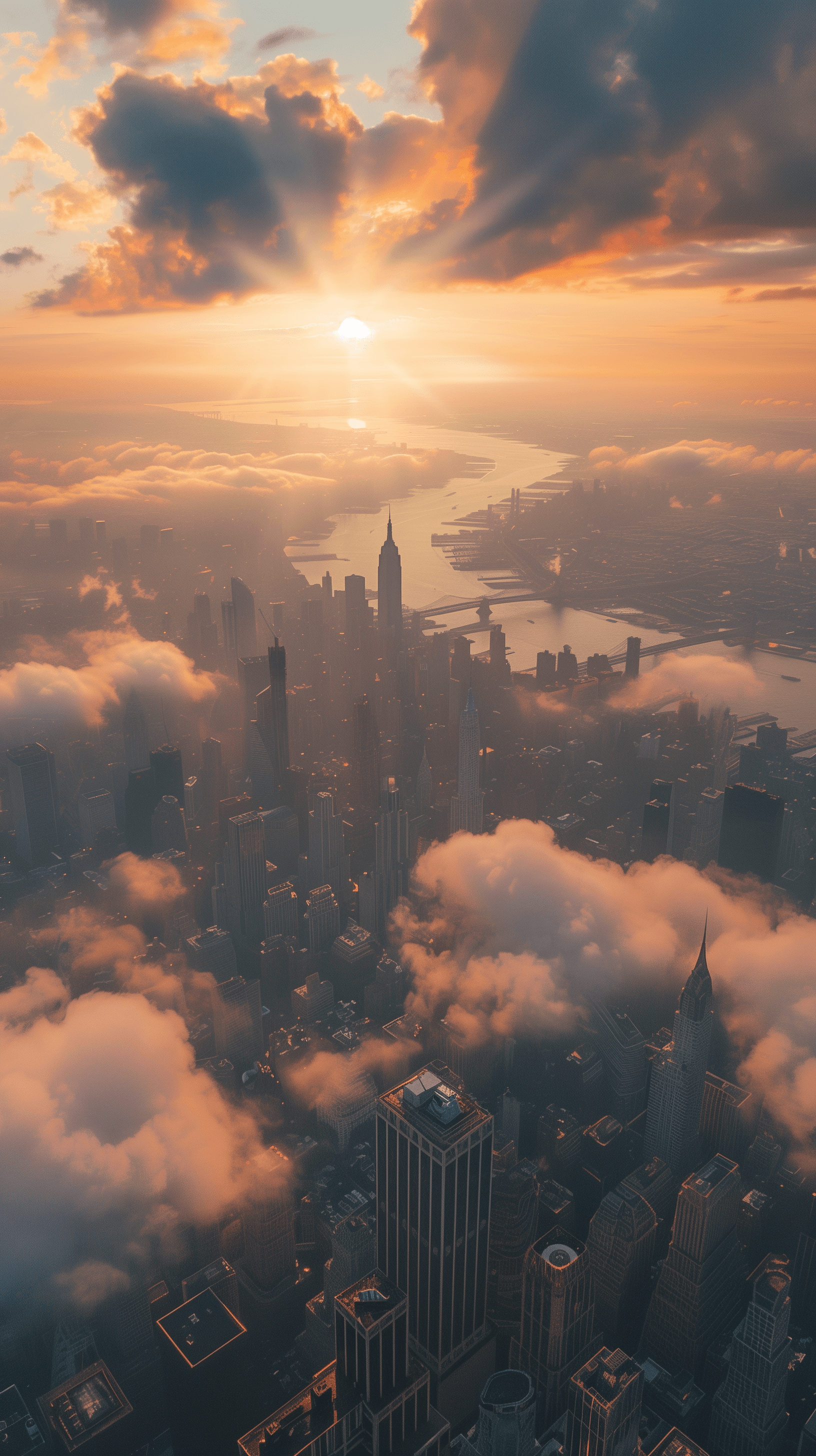 AI generated: photography, aerial shot, urban skyline, golden hour, fog effect, realistic sun lights, dramatic, UH...
