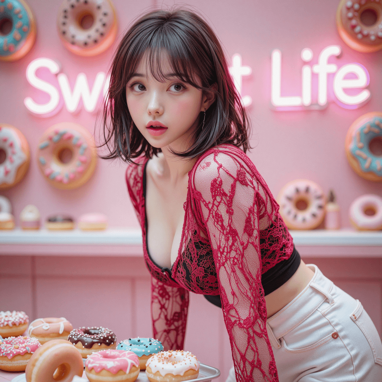 AI generated: The Pink Donut Shop (Surprised & Macro-Close)
a. Shooting Angle & Pose: Candid-style macro-close sho...