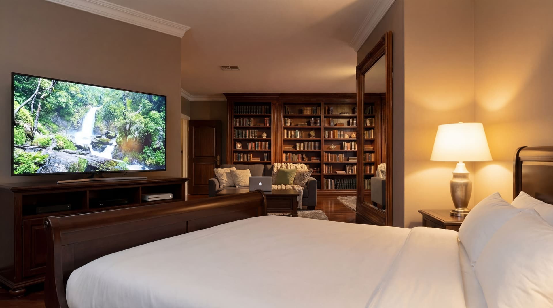 AI generated: On a different angle of the room. Next to the bed facing the bookshelf. There is a large T.V. in fro...
