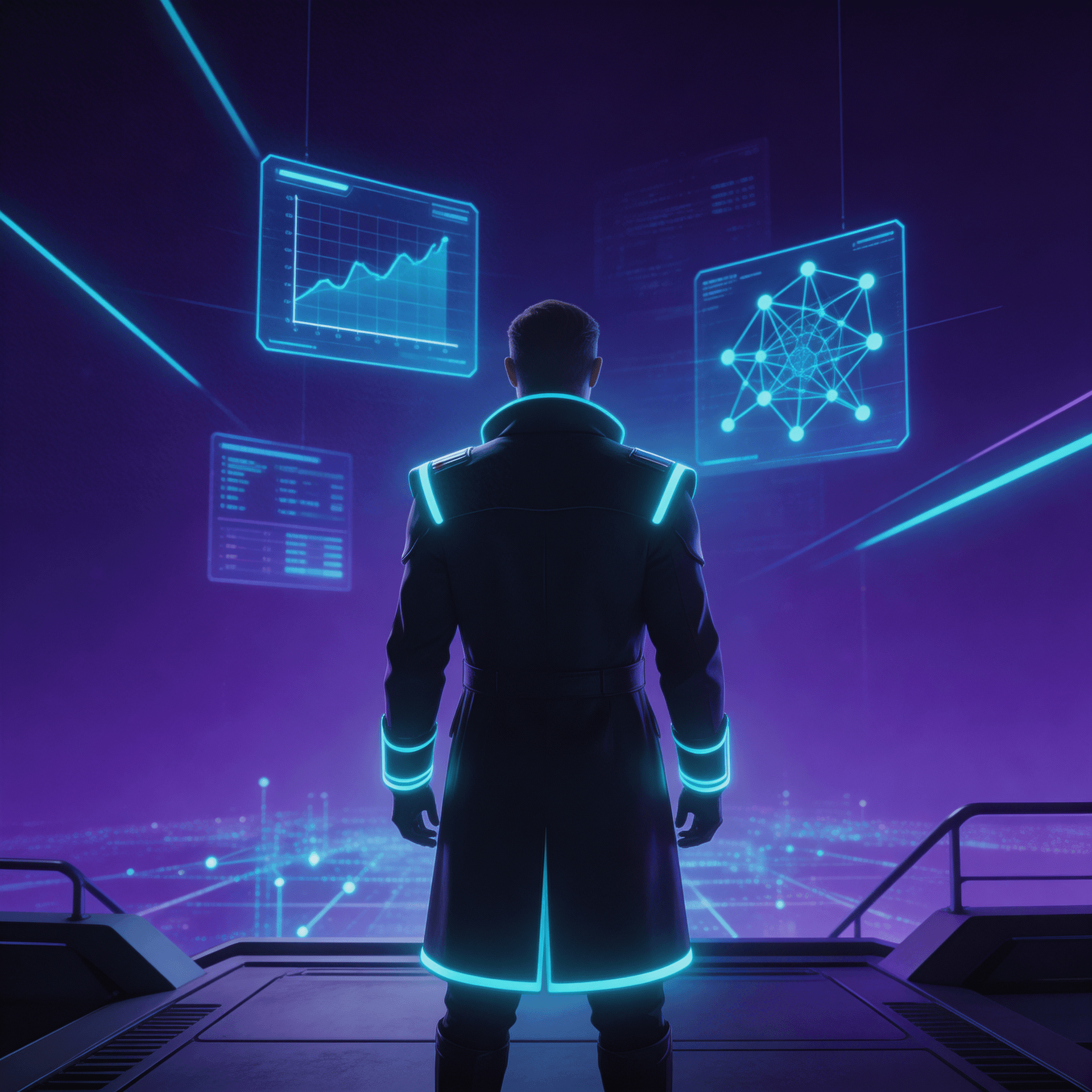 AI generated: futuristic commander figure seen from behind, standing on elevated observation 
deck, looking at vas...