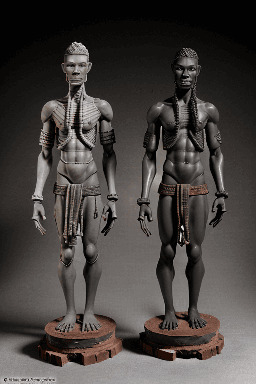 AI generated: Two male voodoo effigies, benevolent faces, upper torso, voodoo symbols, sea shells and nails cover ...
