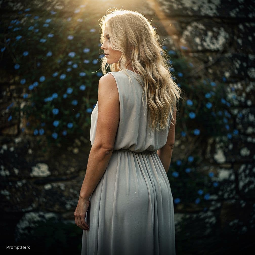 AI generated: standing facing an old stone wall blue flowers, (full length: 1.5) photo of a 30 years old (naked: 1...