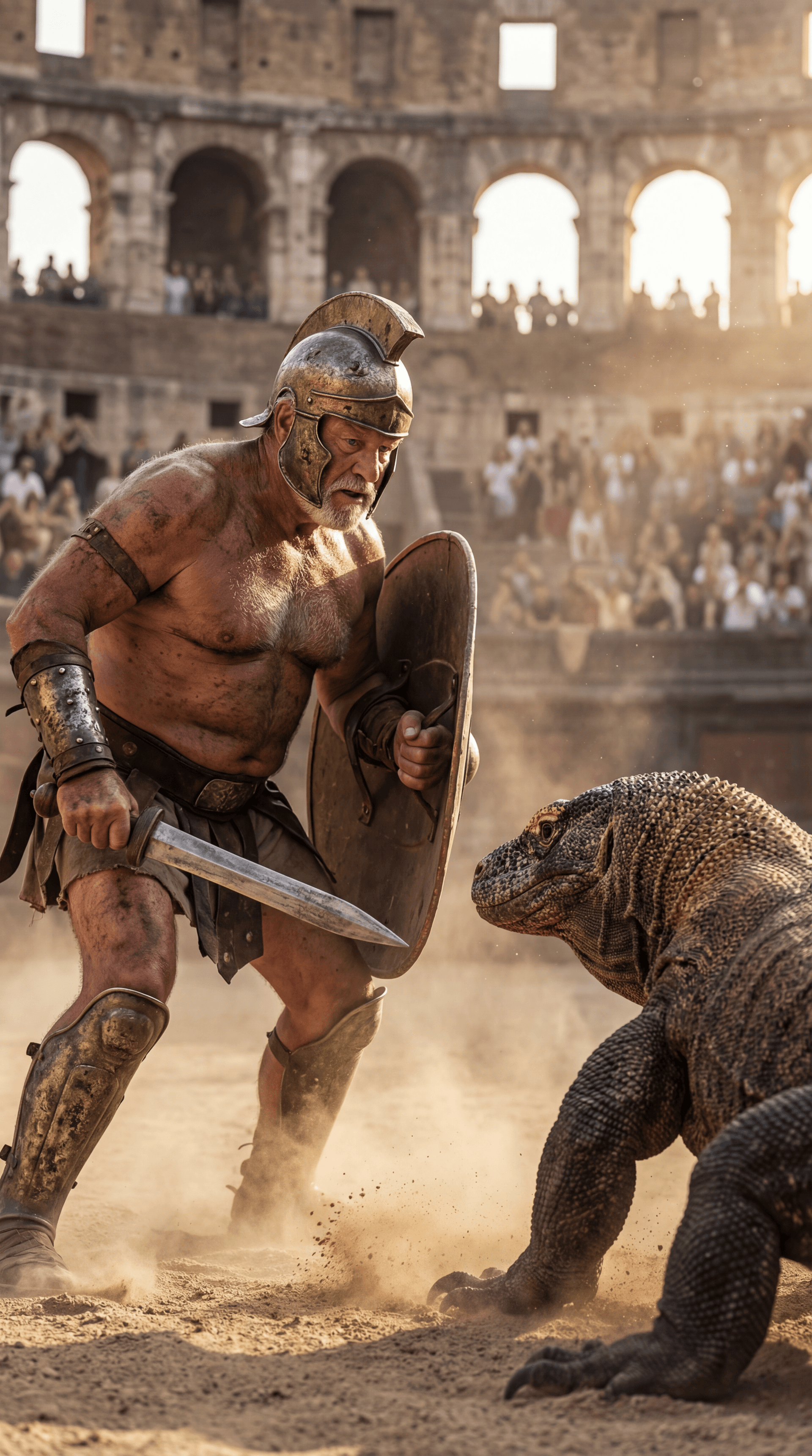 AI generated: Ultra-realistic documentary-style action photography inside the Roman Colosseum, bathed in warm gold...