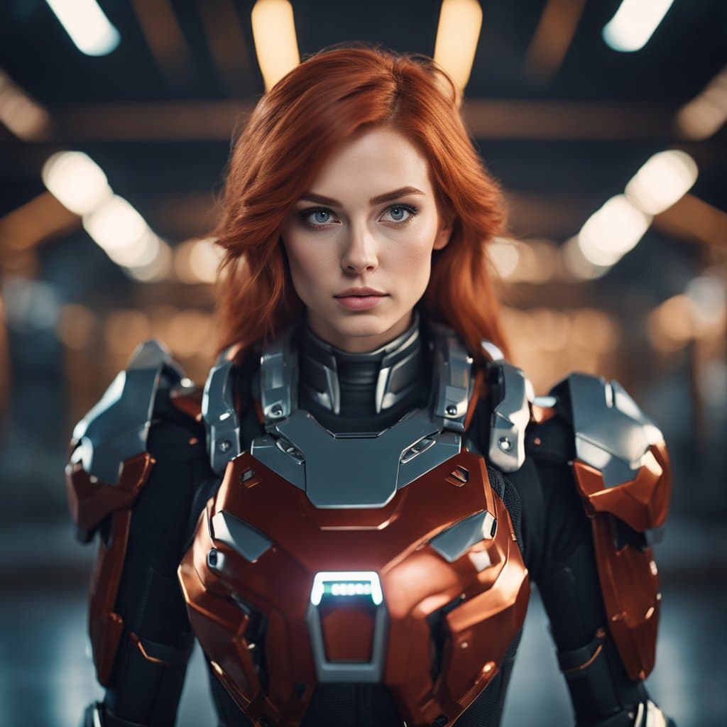 AI generated: Long red haired astronaut girl,blured mars base background,forged armor jumpsuit.