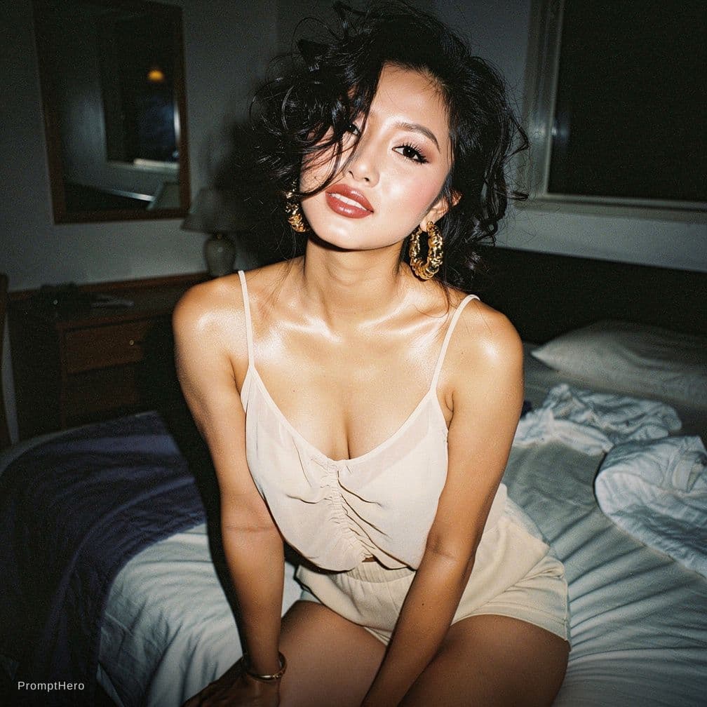 AI generated: legs open wide, mini crop top, on the bed, top view, half-naked, topless, inside motel room, wet hai...