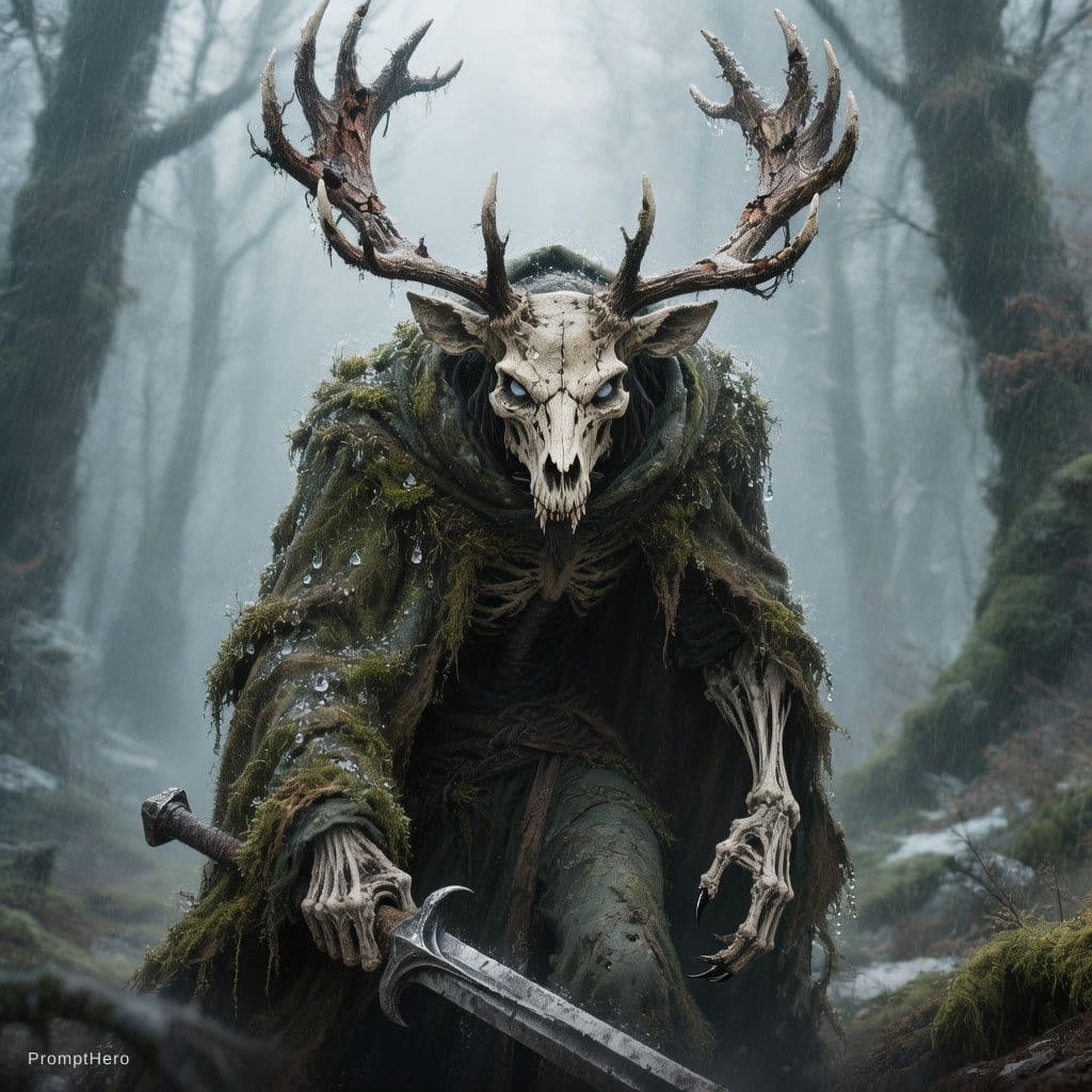 AI generated: Kris is a towering, hunched Wechuge with a skeletal, deer-like skull and massive ten-point antlers, ...