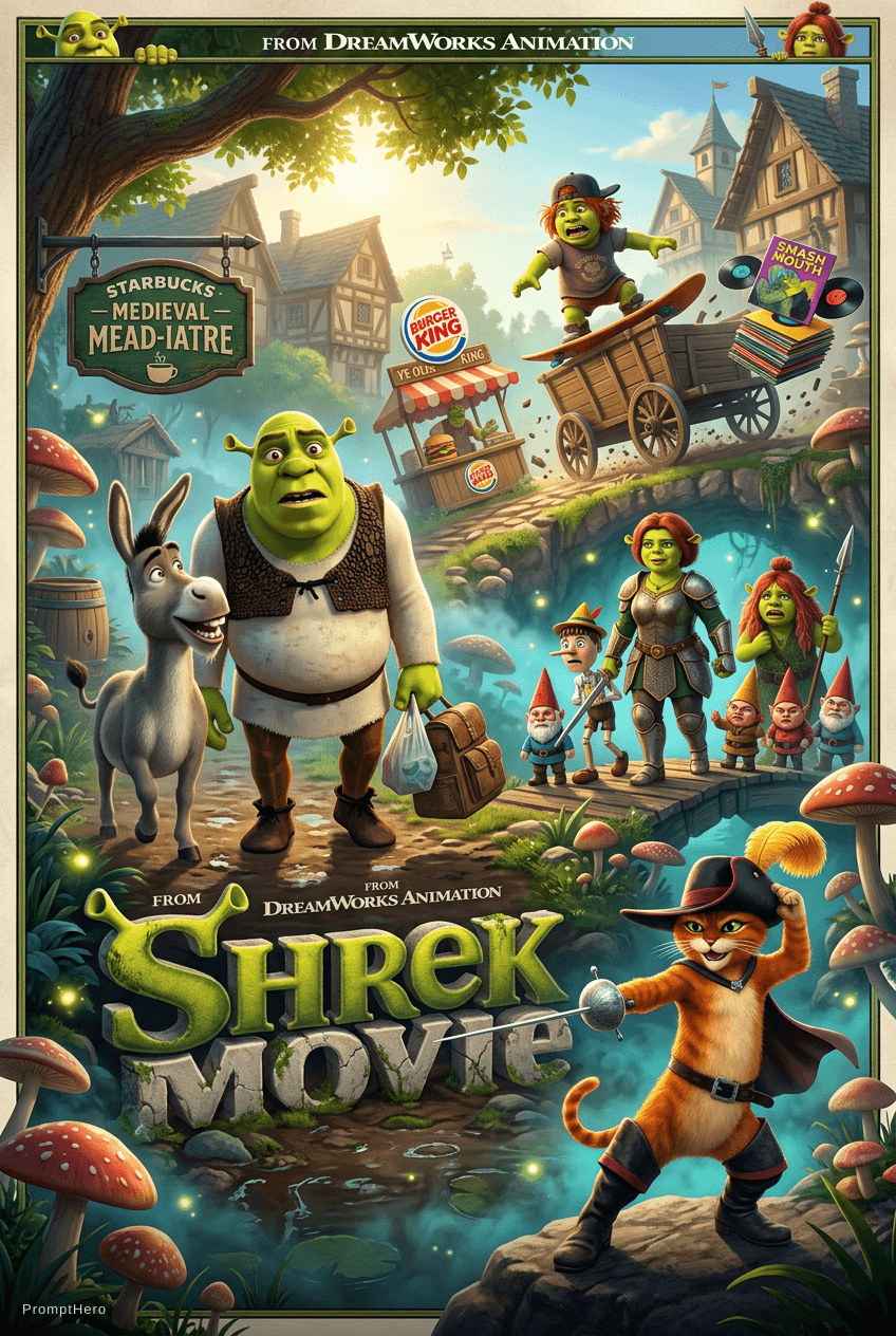 AI generated: Create a cinematic fantasy-comedy scene inspired by a modern Shrek 5 movie. Shrek and Donkey travel ...