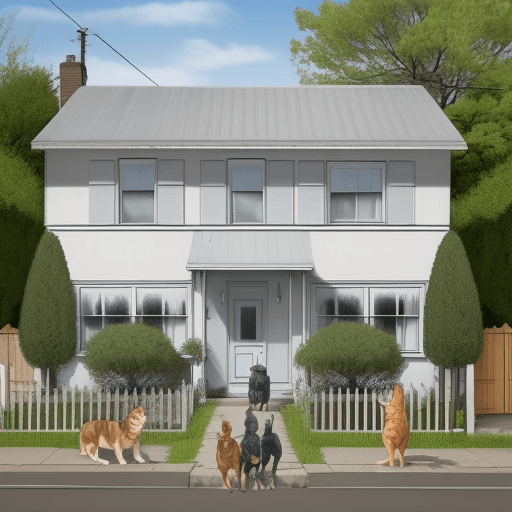 AI generated: house with people in front with dog and cat next to them.the house has a big sign that says "for sal...