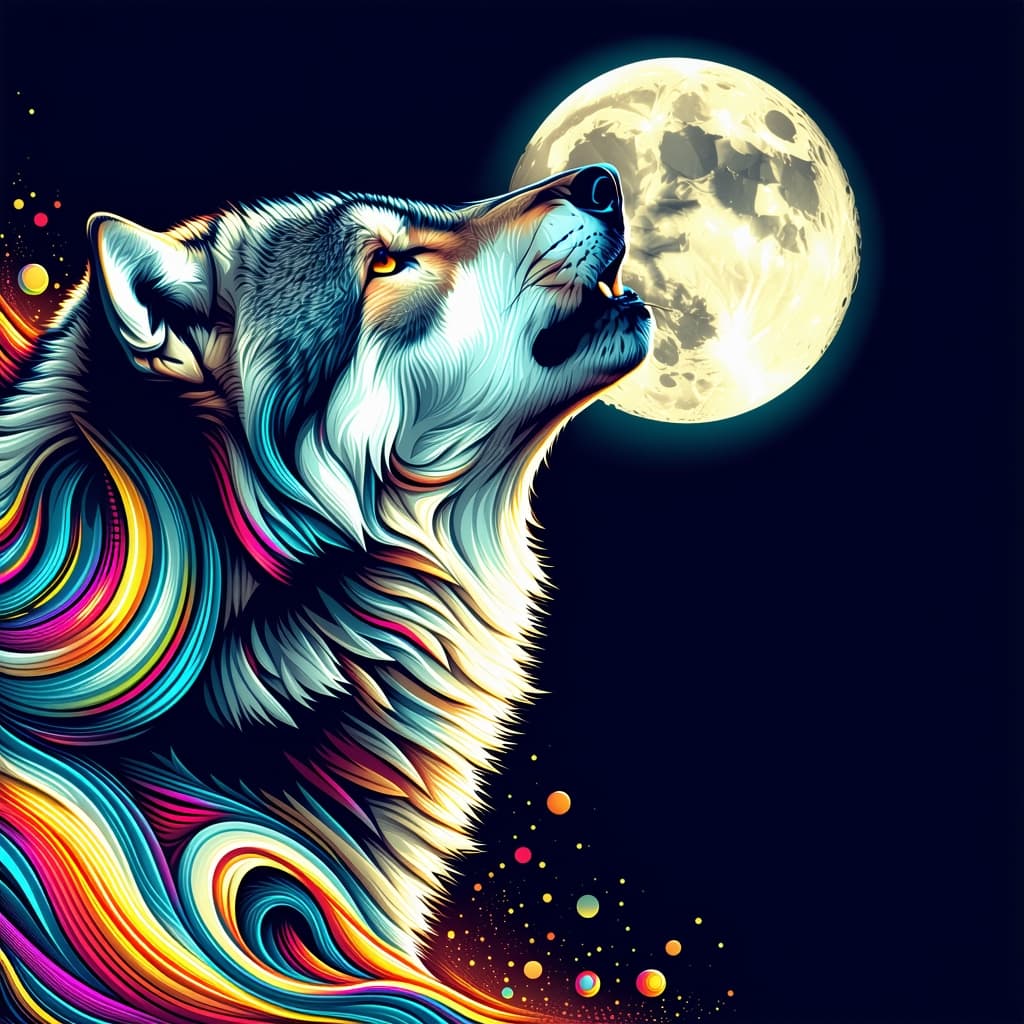 AI generated: vector portrait of a howling grey wolf, howling to the full moon, surrounded by swirling lines of vi...