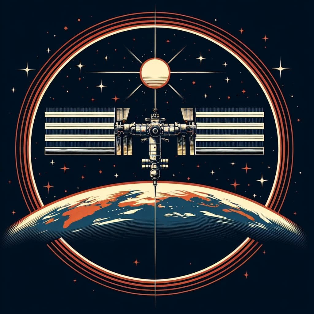 AI generated: vector illustration, the ISS in orbit above earth, emblematic, retro sci-fi, stunning awesome design...