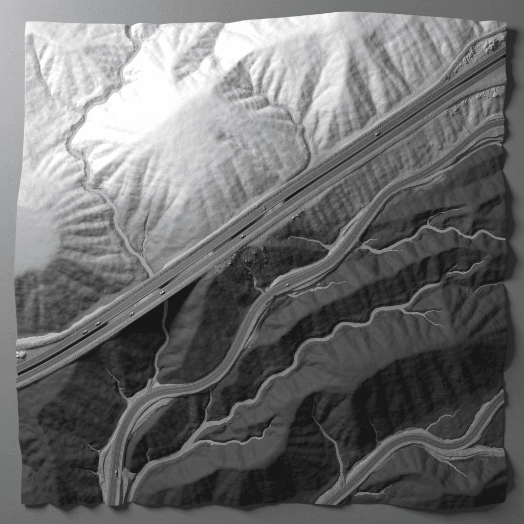 AI generated: Greyscale heightmap. Topdown 2D image. Landscape. Ravines and a highway on a slope.