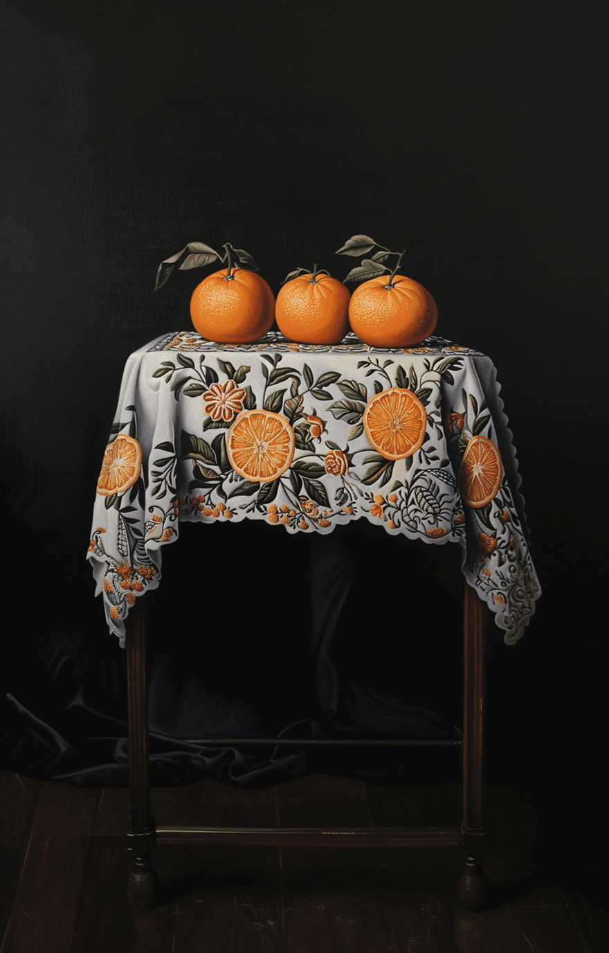 AI generated: A painting of three oranges on a embroidered tablecloth, with a black background, in the style of a ...