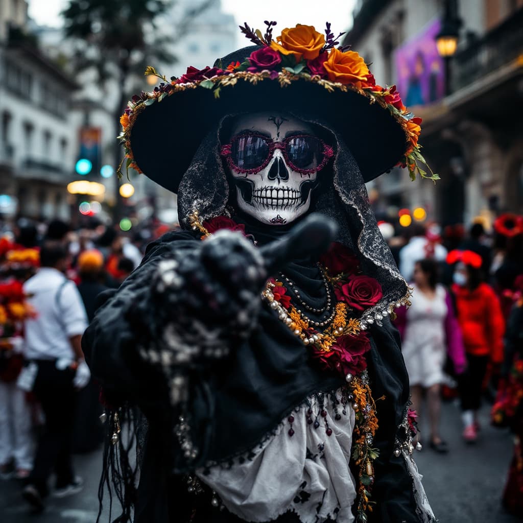 AI generated: Dias de los Muertos Parade in Mexico City, high-resolution photography, ultra-realistic --ar 1:2 --s...