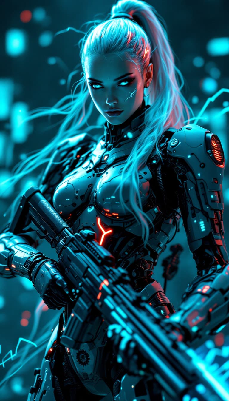 AI generated: An ultra-realistic, full-body action shot of a mesmerizing turquoise biomechanical warrior woman, ex...