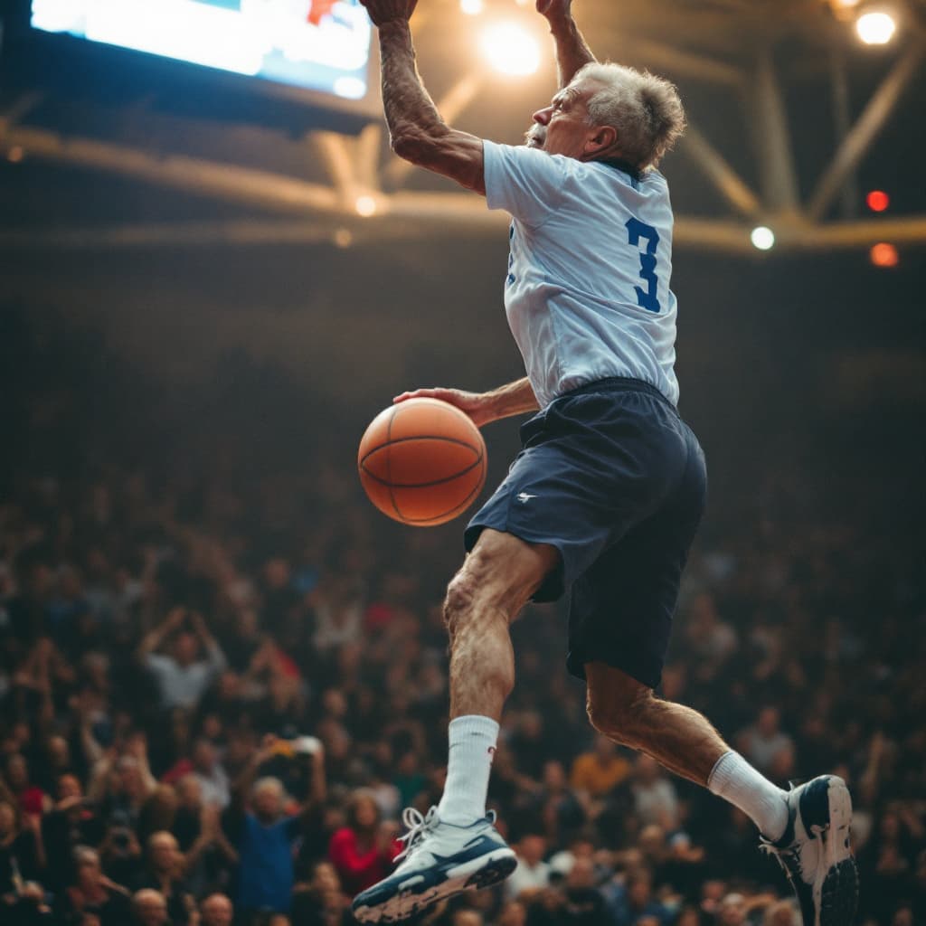 AI generated: the oldest person in the world hitting the best slam dunk ever