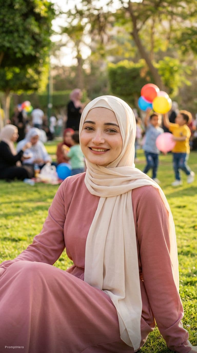 AI generated: A stunning 8K cinematic close-up portrait of a modest Egyptian girl sitting on grass in a public par...