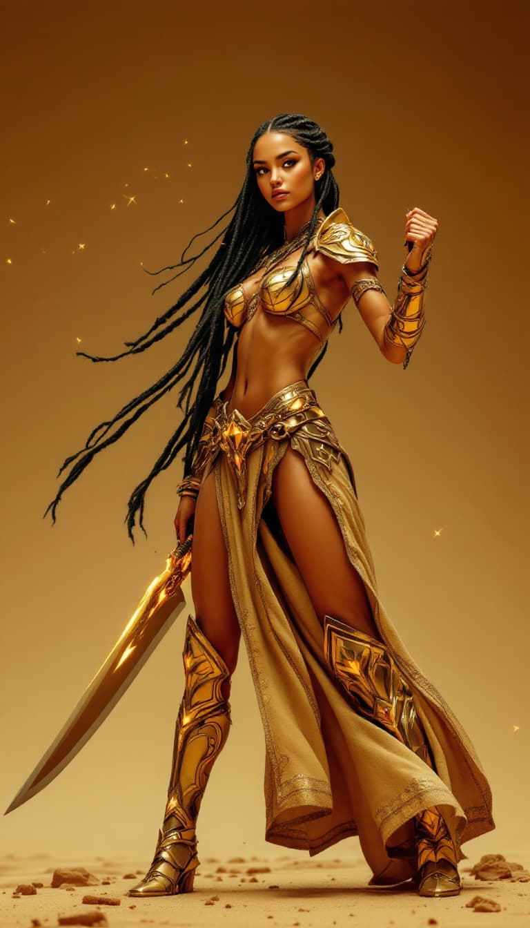 AI generated: A majestic full-body portrait of a breathtakingly beautiful girl with a long, glowing scimitar, craf...