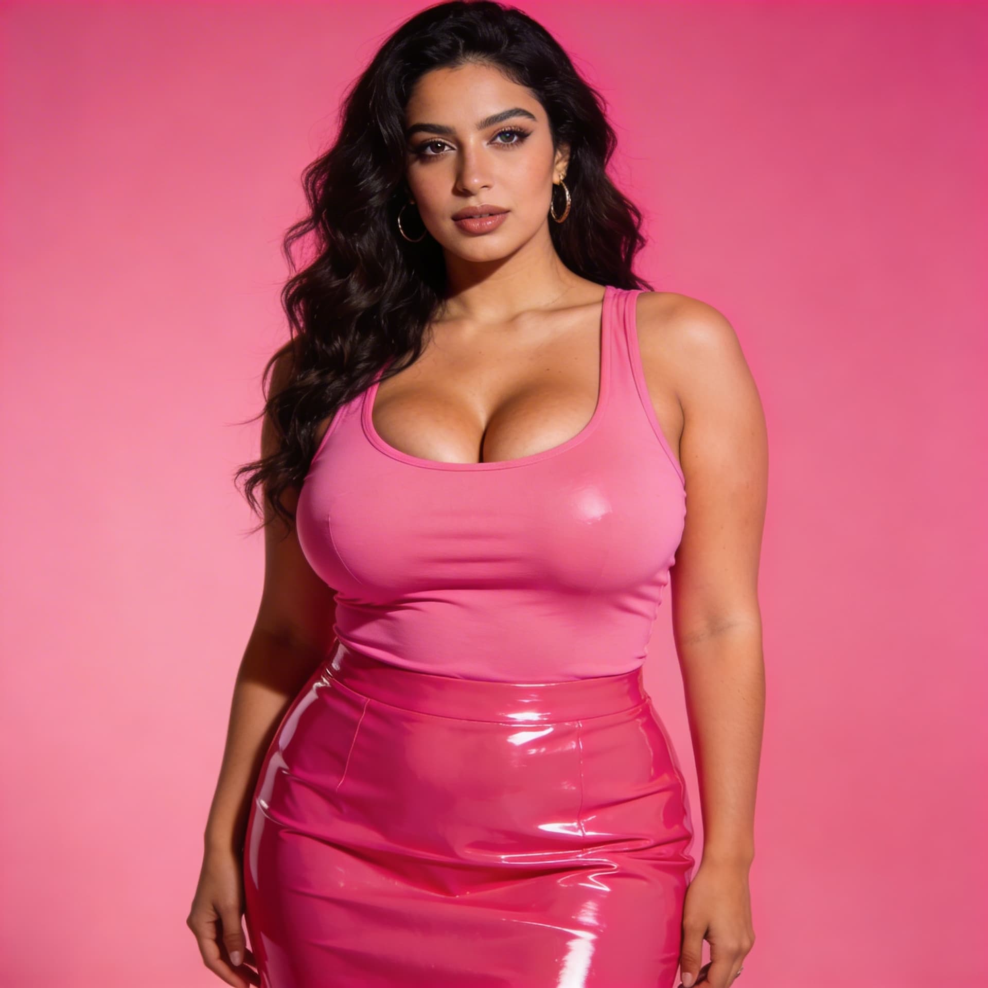 AI generated: A Arab woman with a latex skirt in pink with a big breast in a tight top tank 
