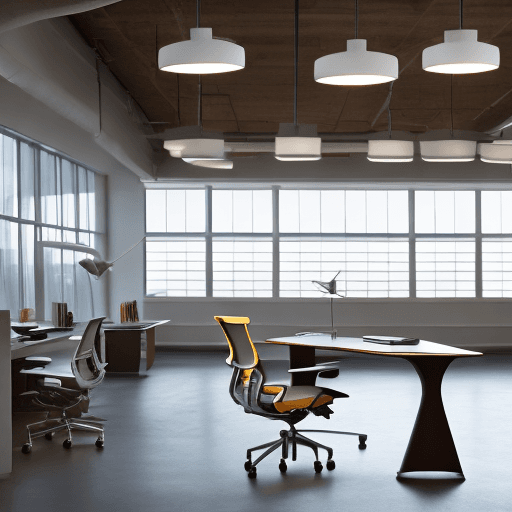 AI generated: Spacious office with frontal view, Herman Miller Aeron chairs, Artemide Tolomeo desk lamps, captured...