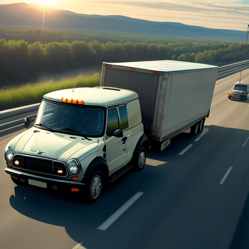 AI generated: truck driving on the highway with cars, mini vans and and the sun sitting high  
