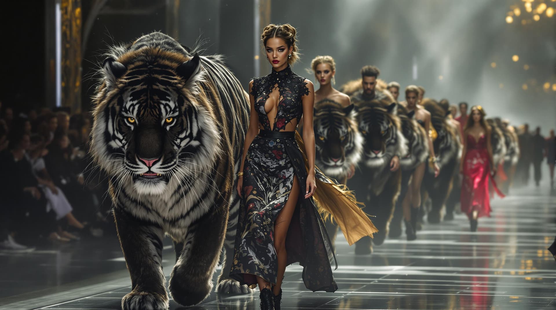 AI generated: catwalk,fashion models,walking with huge felines black tigers,their clothings are in complementing t...
