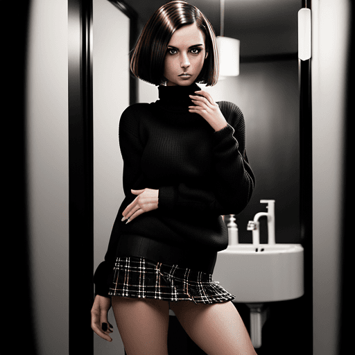 AI generated: (full body of 26 year old female model wearing a black sweater and checkered mini skirt in a bathroo...