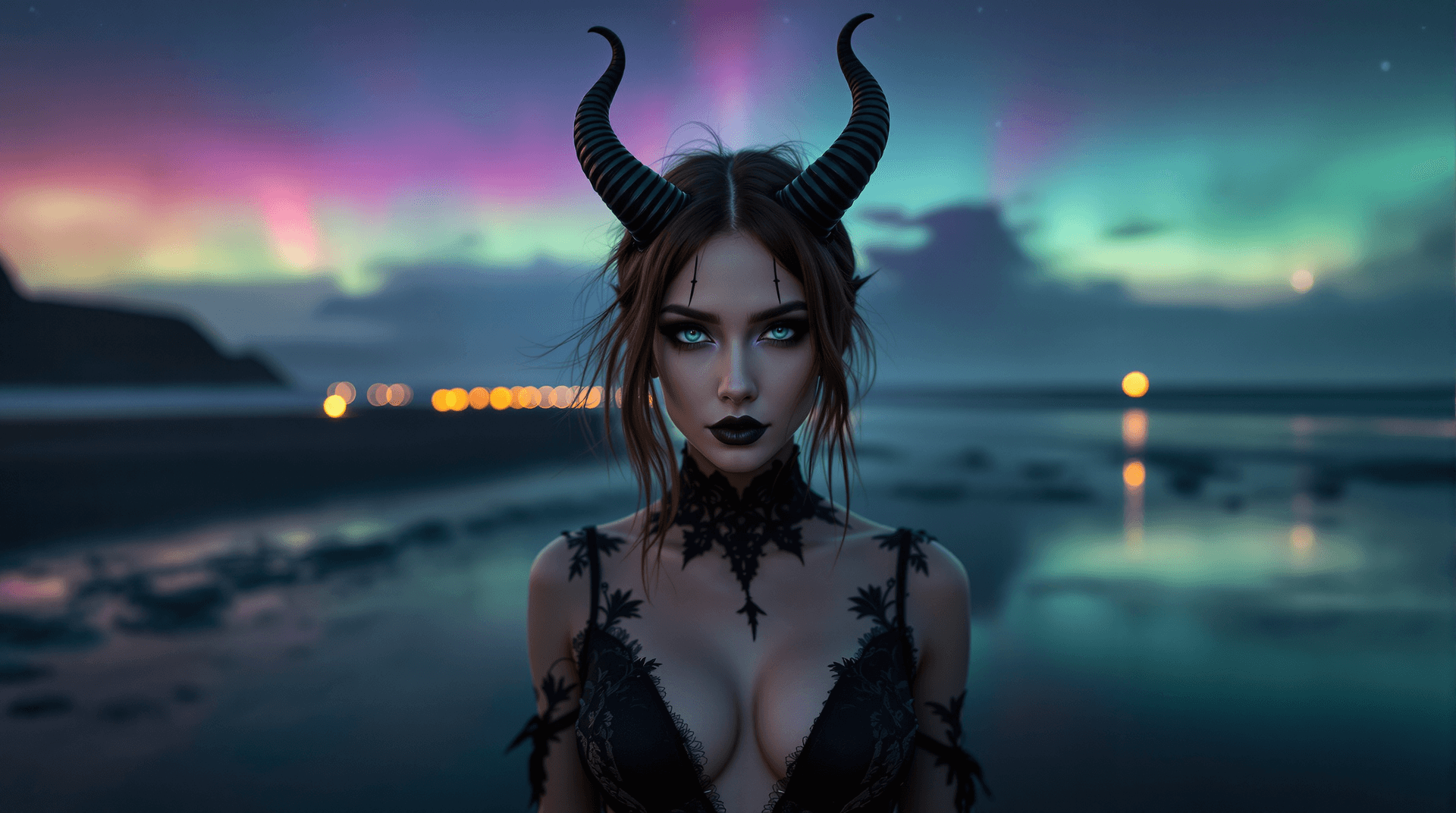 AI generated: Distant view, wide angle photo of A female Cambion ( age: early 20, deep blue eyes) humanlike ears h...