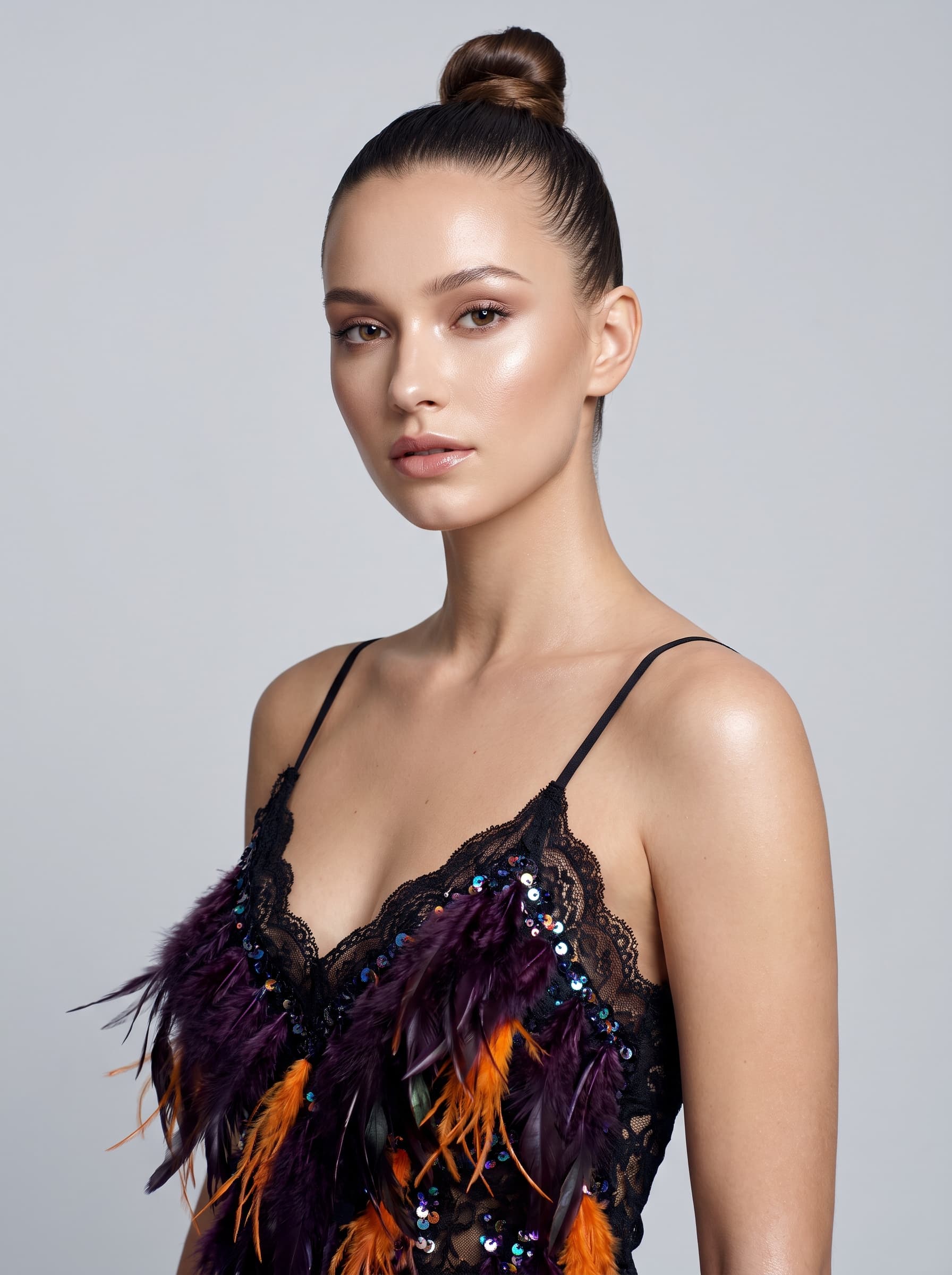 AI generated: (Nano Banana Pro) Professional high-fashion editorial portrait, top model with slicked-back high bun...