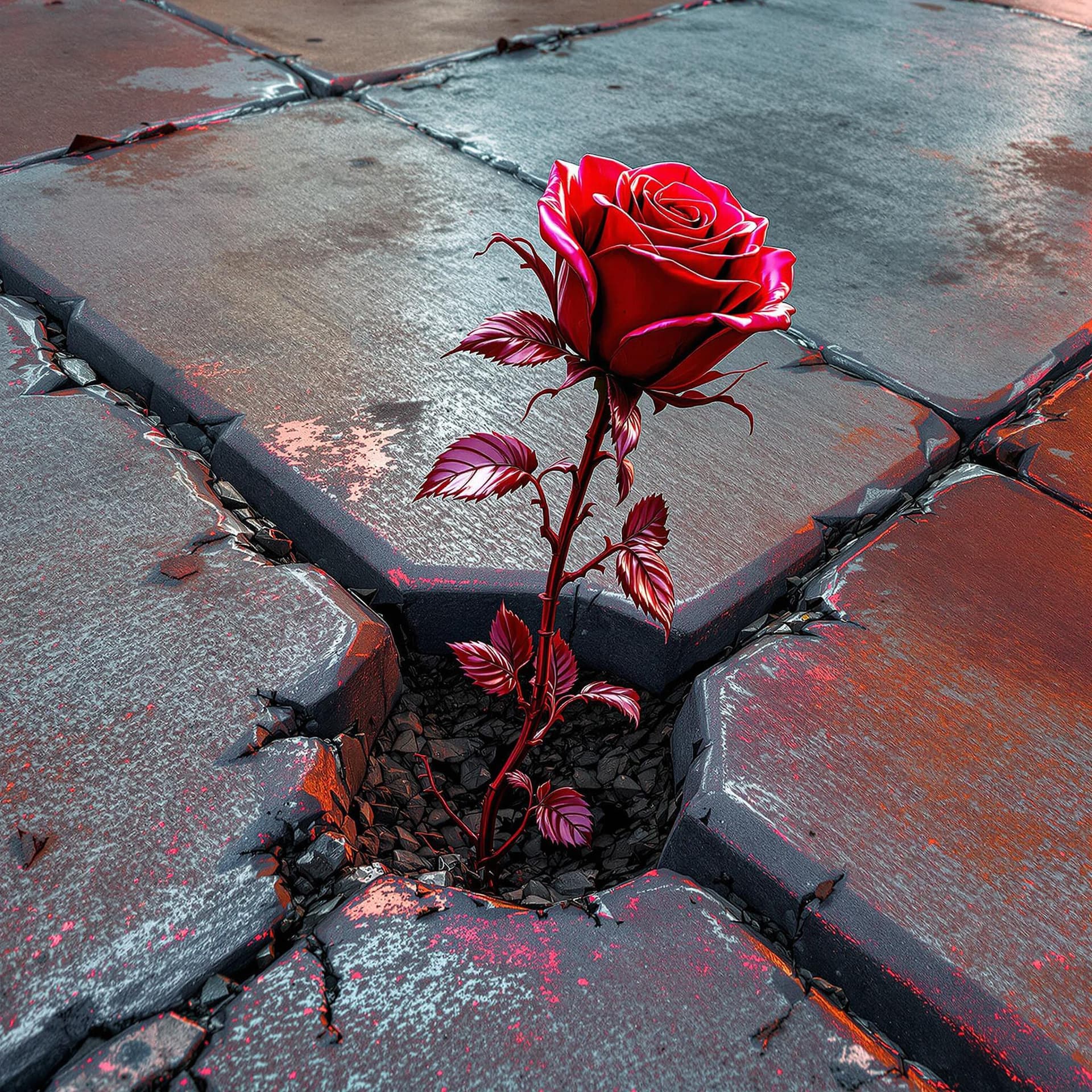 AI generated: the pov is looking down at a solid red metallic rose growing out of concrete sidewalk, there are cra...