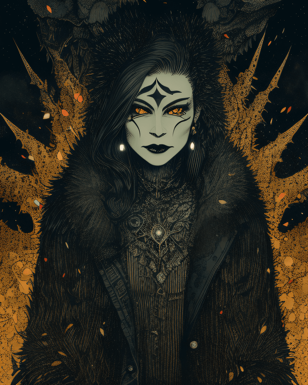 AI generated: MadMaggie, hair slicked back, yellow eyes, black lips,makeup,eyeshadow, black nails,facial tattoo , ...