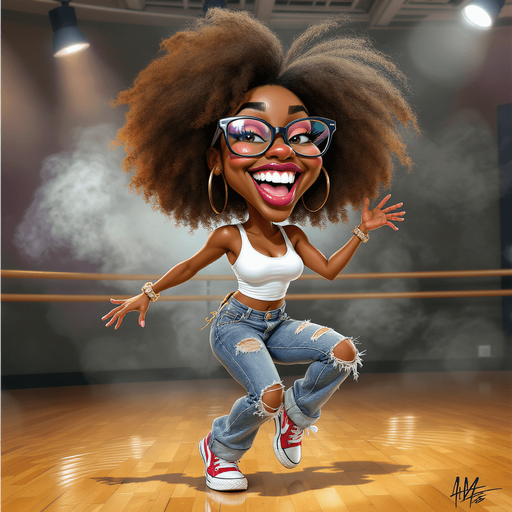 AI generated: funny caricature, hip-hop dancer caricature, young african-american female, 20 years old, big curly ...