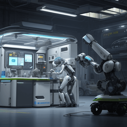 AI generated:  Imagine a futuristic scene where advanced robots are working alongside human technicians in a mobil...