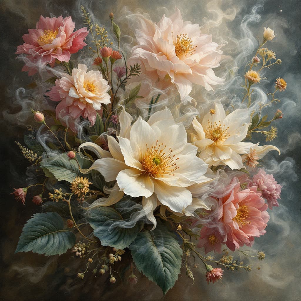 AI generated: 16th-century tropical flower bouquet opening, liquid smoke fractals, elegant botany, dynamic movemen...