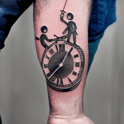AI generated: tattoo design of a father walking down a ladder hand in hand with his children. with a clock in the ...