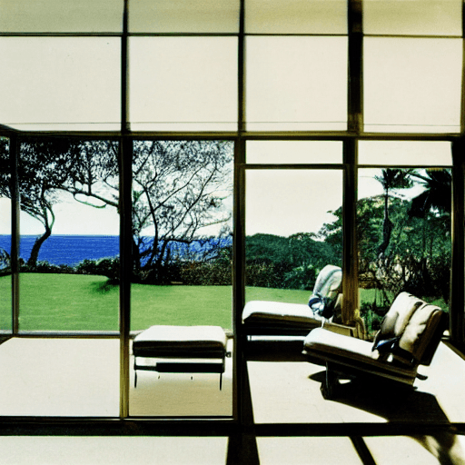AI generated: hyper realistic eye level exterior photo of a mid century modern style house overlooking the ocean, ...