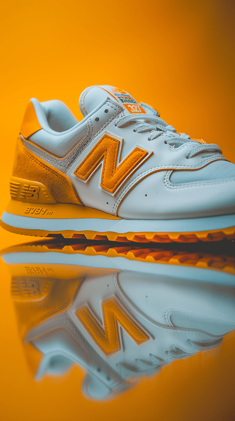 AI generated: photograph, productive, New Balance 327, white and orange, yellow, reflection