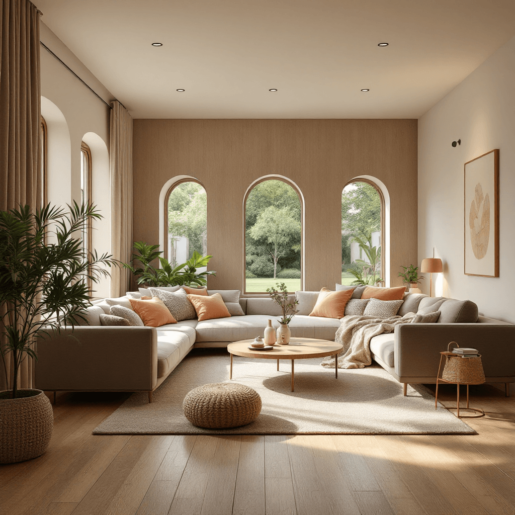 AI generated: igh resolution photography interior design, dreamy sunken living room conversation pit, wooden floor...