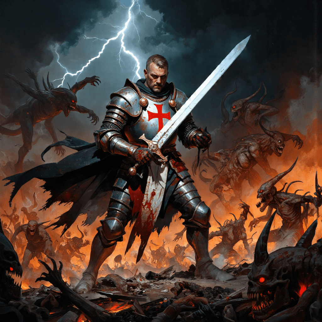 AI generated: A devout paladin, clad in battered and blood-streaked armor, stands defiantly on a scorched battlefi...