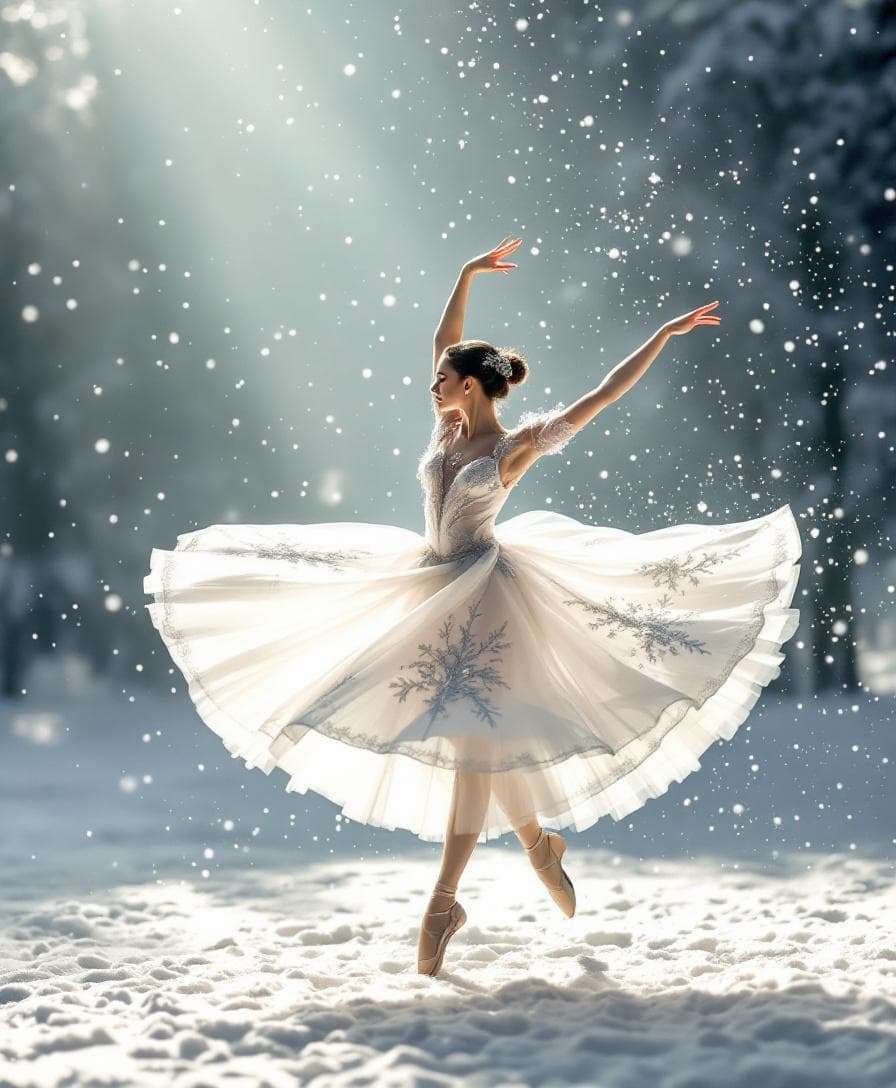 AI generated: “A ballerina dances softly in a white winter sanctuary, wearing a pearly white couture tutu with sil...
