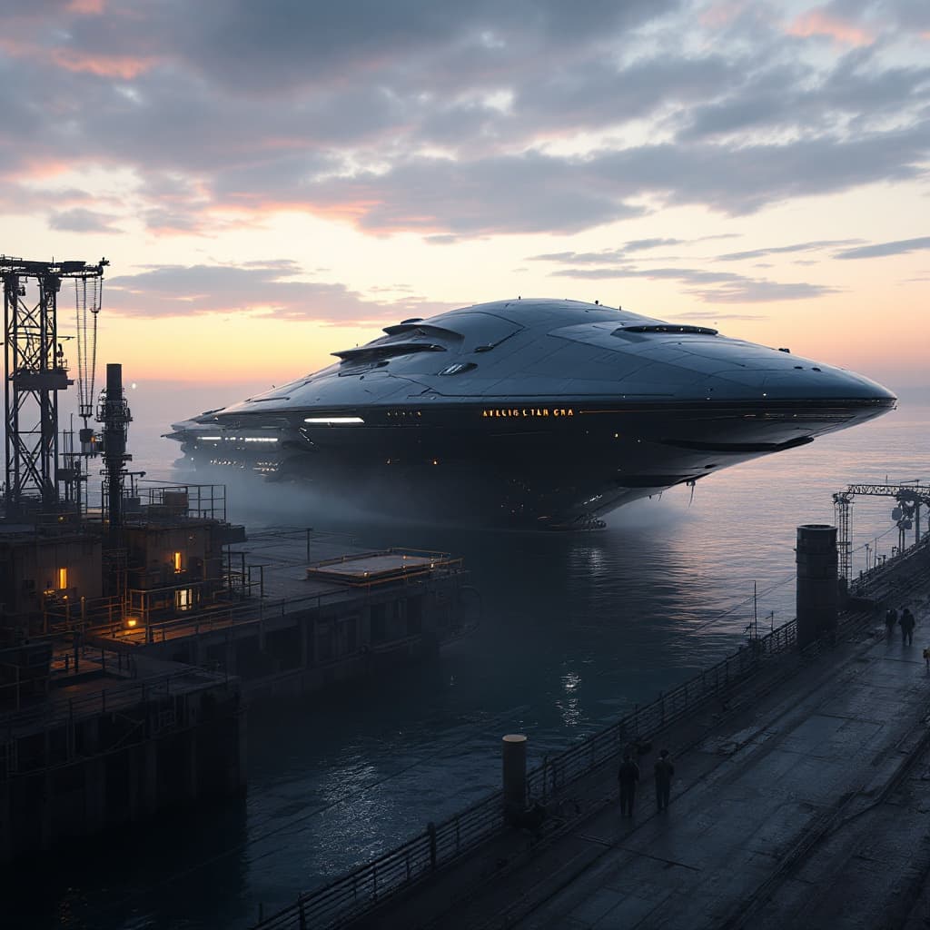 AI generated: concept art of spaceship in the style by Charles Hu and Peter Han, A massive futuristic scifi cargo ...