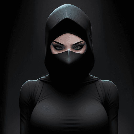 AI generated: In the dimly lit room, a female figure emerges, her face concealed by a sleek, black ski mask, The m...